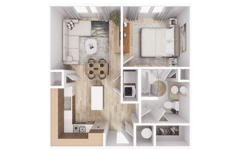 A1 - 1 bedroom floorplan layout with 1 bathroom and 681 square feet (3D)