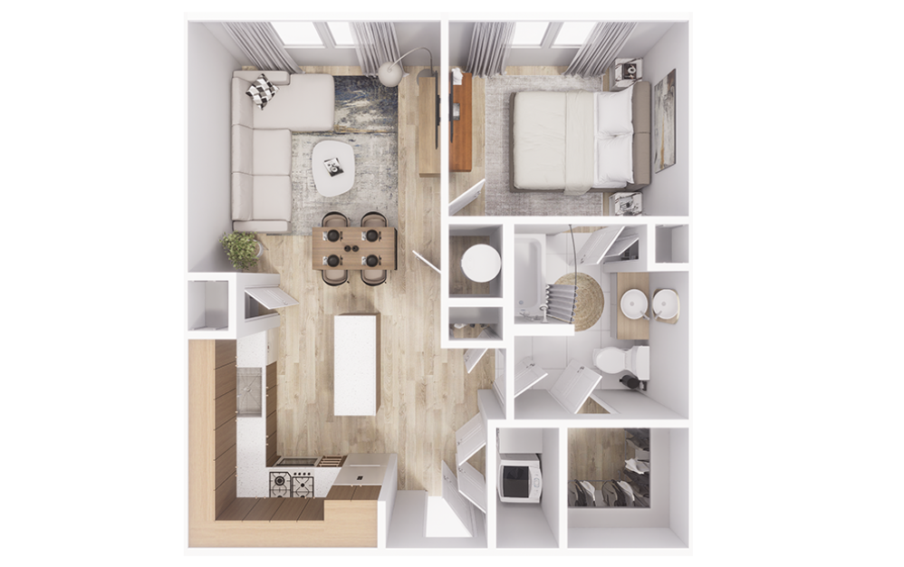 A2 - 1 bedroom floorplan layout with 1 bathroom and 749 square feet (3D)