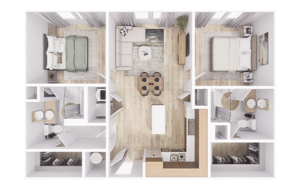 B1 - 2 bedroom floorplan layout with 2 bathrooms and 1020 square feet (3D)