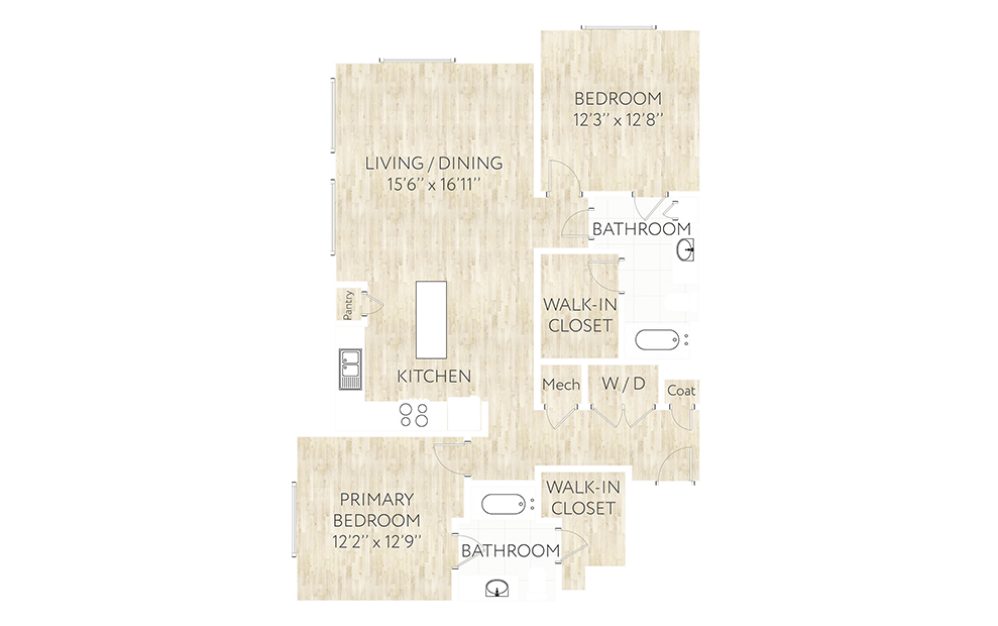 B2 - 2 bedroom floorplan layout with 2 bathrooms and 1225 square feet (2D)