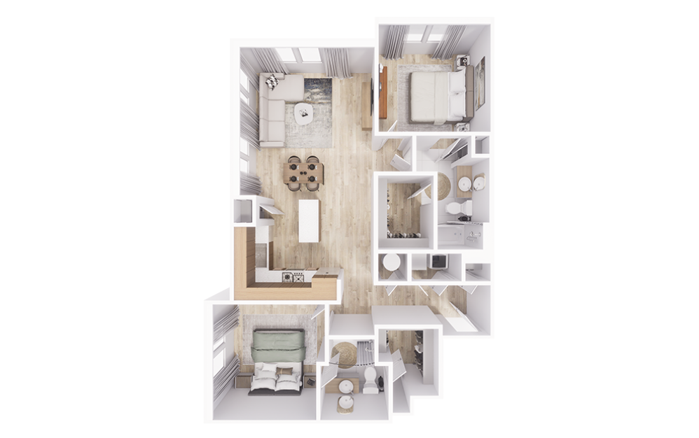 B2 - 2 bedroom floorplan layout with 2 bathrooms and 1225 square feet (3D)