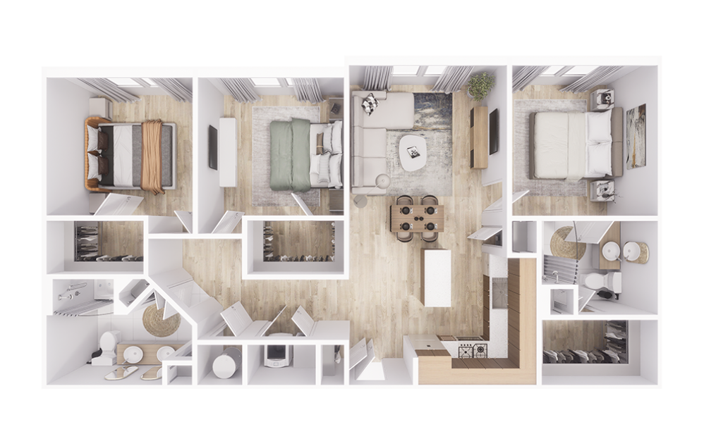 C1 - 3 bedroom floorplan layout with 2 bathrooms and 1367 square feet (3D)