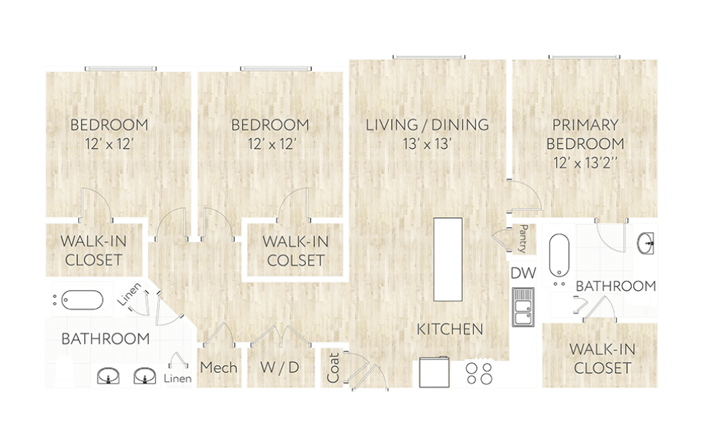 C1 - 3 bedroom floorplan layout with 2 bathrooms and 1367 square feet (2D)